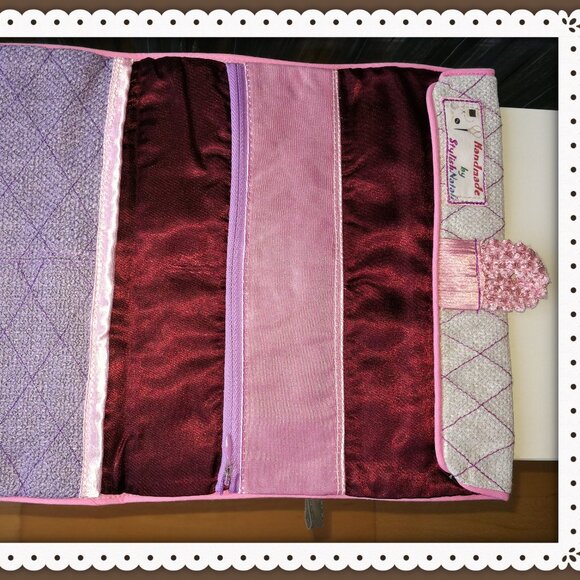 SOFT CREAM CANVAS PURPLE STITCHES SMALL PURSE LARGE WHITE PEARL BUTTON HANDMADE - Picture 3 of 5